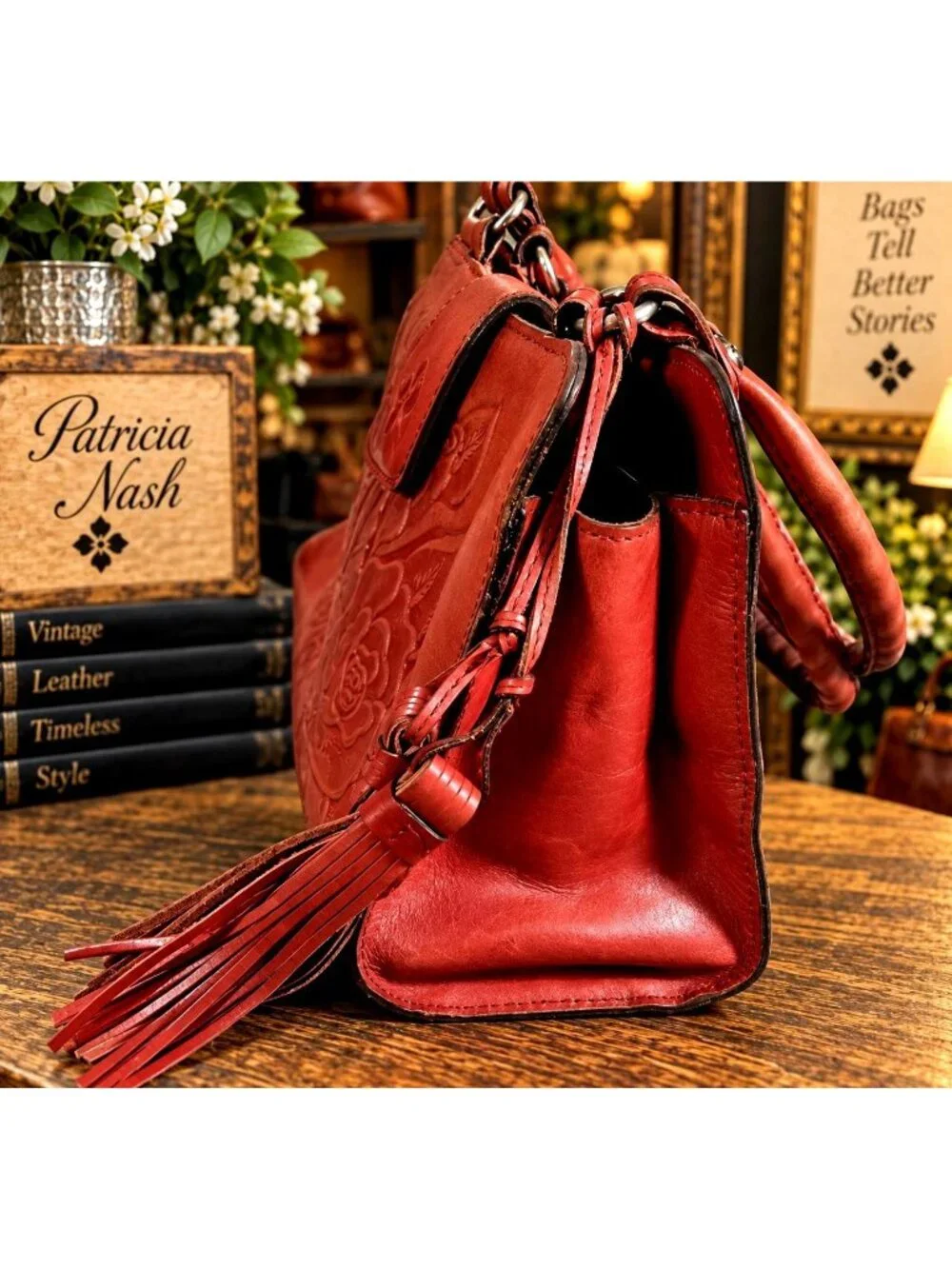 Patricia Nash Rienzo Satchel Rose Tooled Red Ochre Leather Tassel Handbag Purse